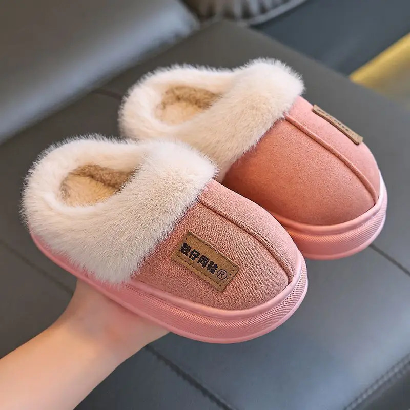 Solid Furry Children Slippers Winter PU Warm Plush Indoor Slippers For Kids Soft Bottom Boys Girls Floor Shoes 250106