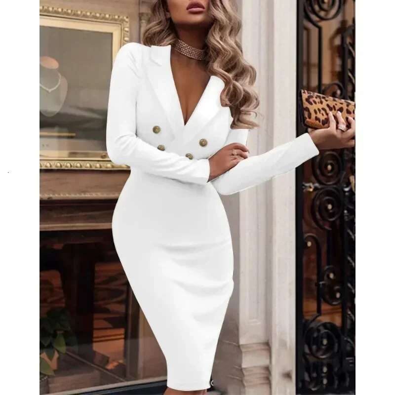 Spring Summer 2024 New Business Suit And Solid V-Neck Double Breasted Women Long Sleeve Slim Fit Elegant Dress
