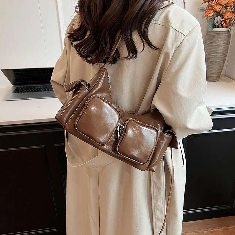 Ddmymarket Double Pockets Design Retro PU Leather Shoulder Bags For Women 2024 Y2K Fashion Trend Crossbody Bag Female Handbags