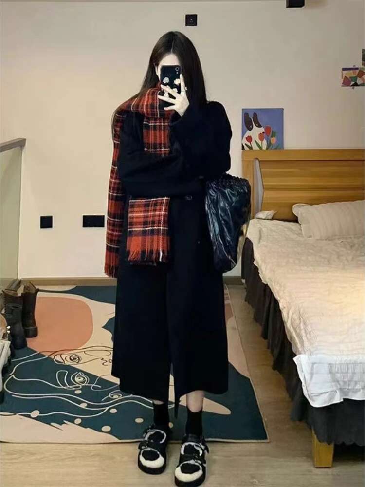 Long Wool Coats Women Autumn Winter Double Breasted Baggy Outwear Keep Warm Korean Style Windbreak Temper Daily Stylish Casual