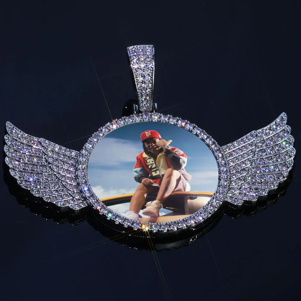 Hip Hop Jewelry 68mm Wing Circle Po Pendant Bling Iced CZ Paved 18k Gold Plated Personalied Picture Pendant Necklace Custom 250107