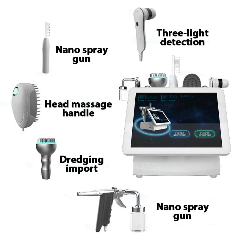 Portable Scalp Care Physiotherapy Machine 5 Handles Microcurrent + Vibration Head Massage Hair Fall Therapy Meridian Brush + Comb Hair Detection Machi