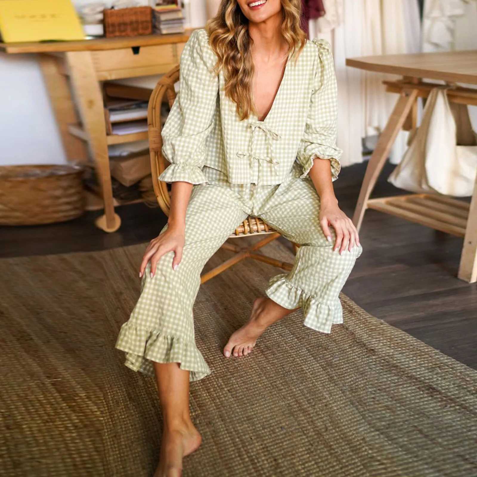 Combhasi Women 2Piece Plaid Loungewear Outfits Ruffled Hem Set V-Neck Bow Tie-up Front Loose Cropped Tops +Elastic Waist PantsXJ250106