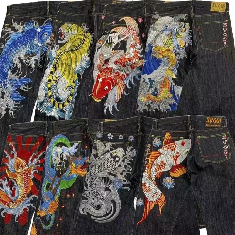 Japanese hip-hop Brocade cargo printed jeans for one couple washed high waisted retro casual loose straight wide leg pants 250106CJ