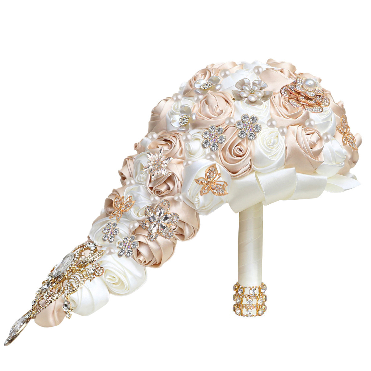 Wedding Flowers Bridal Bouquet Waterfall water drop hand bouquet gold diamond ribbon rose wedding supplies