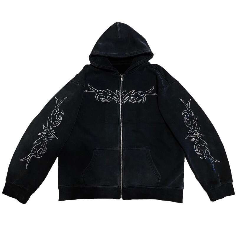 Fashionable autumn and winter gothic loose hooded letter cardigan sweatshirt with rhinestone coating