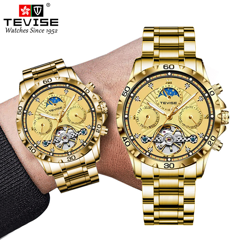 TEVISE Fashion Business Mens Mechanical Watch Waterproof Tourbillon Steel Strap Multifunctional Mens Watch T024-T9009