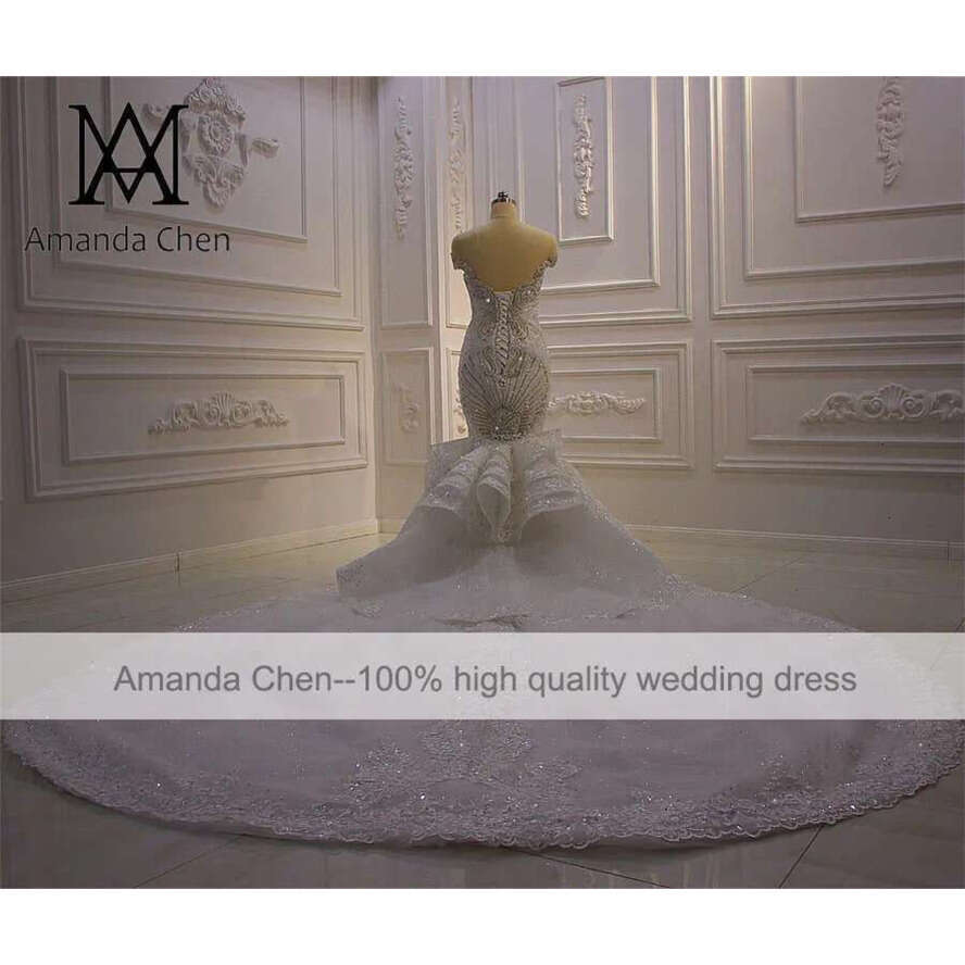 Robe De Mariage Off Shoulder Lace Appliqued Crystal Mermaid Detachable Train Wedding Dress