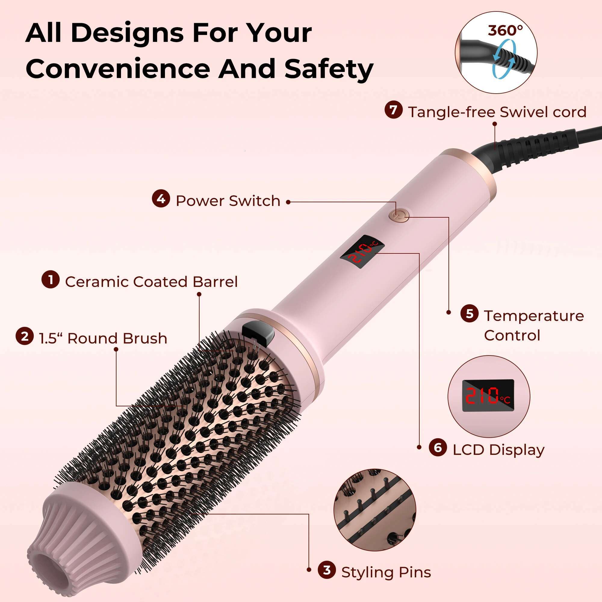 Curg Iron PTC Heated Thermal Ceramic Curler Hot Create Loose & Volume Curls Heating Hair Styg Brush