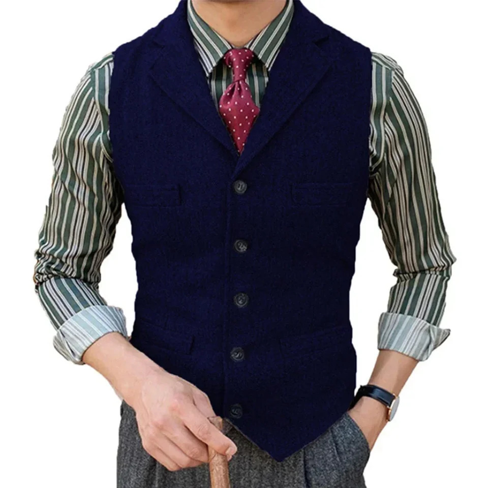 Mens Suit Vest in Vintage Herringbone Tweed Retro Style Waistcoat with Notch Lapel for Weddings or Formal Events 250107