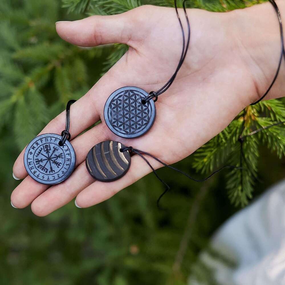 ge Shungite Round Shape Heag Spiritual Natural Black Crystal Jewelry Pendant | Sacred Symbol Talisman Amulet Necklace for Meditation