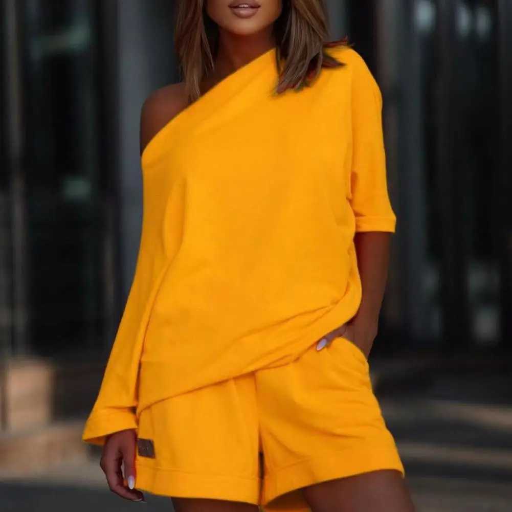 2 Pcs/Set Women Tracksuit Solid Color One-shoulder Short Pants Two-piece Leisure Summer Top Set Fe Clothes For Daily WearXJ250106