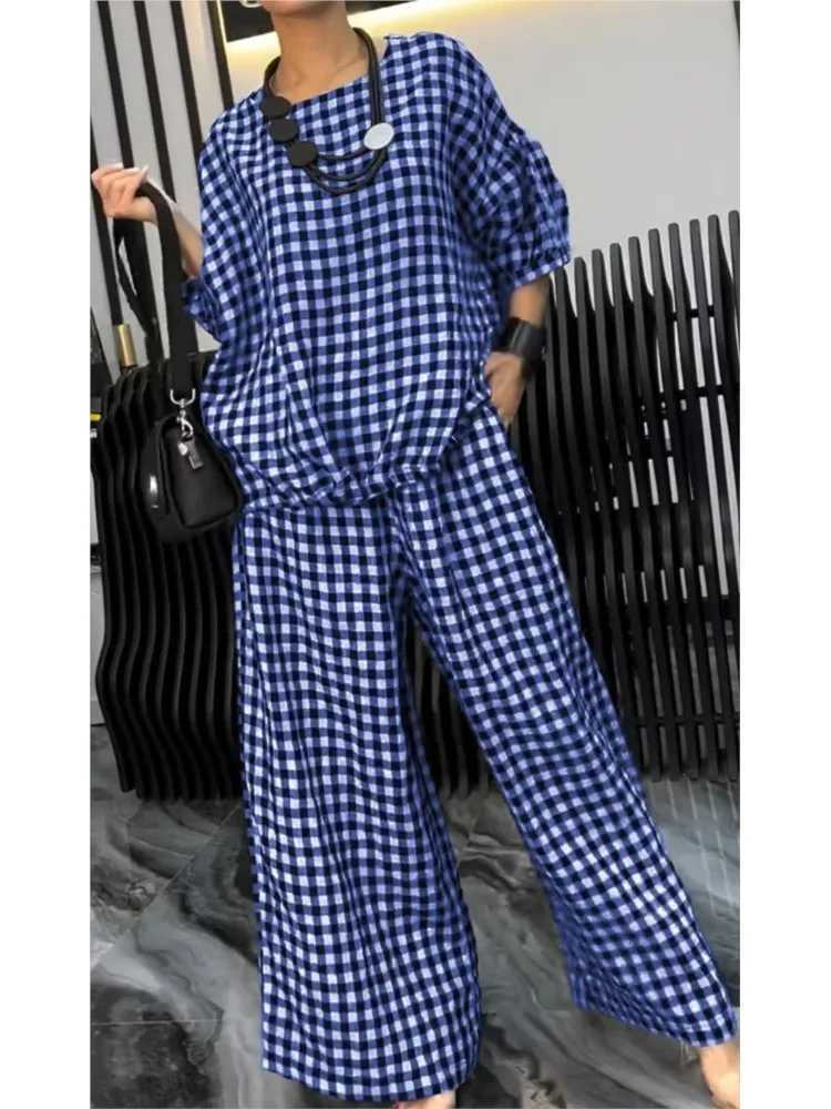 O-neck Half-sved Loose Top + Wide-leg Pants 2-piece Set Womens Fashion Spring Sets Autumn Plaid Printing Back Pull-out SuitXJ250106