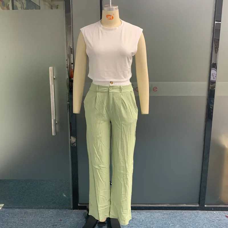 Wefads Women Two Piece Set Summer Casual Simple Solid Round Neck Sveless Tank Loose With Pocket Pants Sets High StreetwearXJ250106