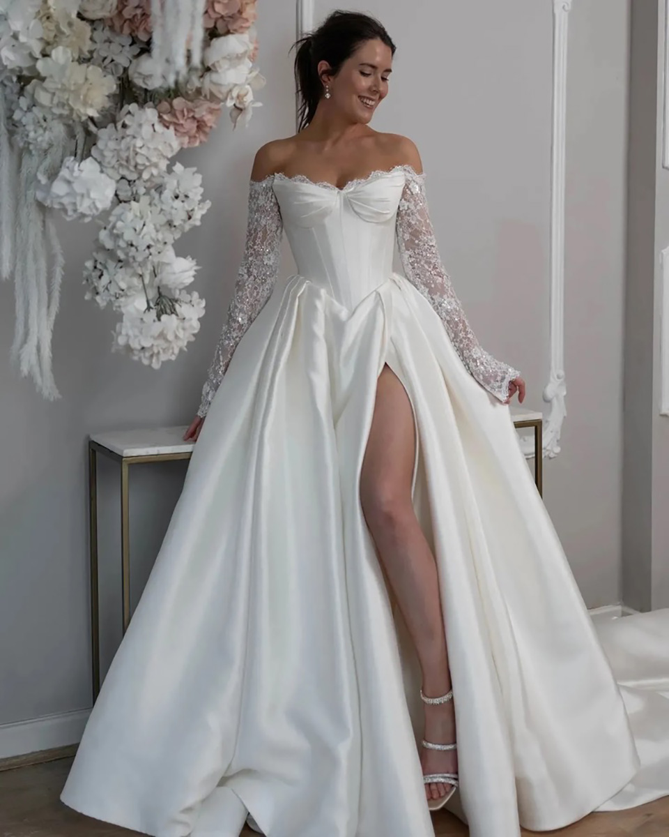 Chic Off-Shoulder Satin A-Line Wedding Dress - Bejeweled Long Sleeves & Side Slit Detail