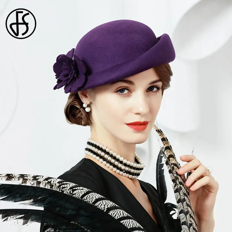 FS Blue Purple Wool French Beret Wide Brim Fedora Hats For Women Elegant Church Hats Big Flower Ladies Wedding Tea Party Hat Ken 250106