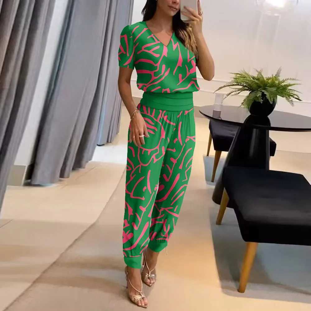 Fashion Short Sve Tshirt Pants Set Office Lady Casual Loose V Neck Floral Print Trousers Two Piece Set Women Outfit 2023XJ250106