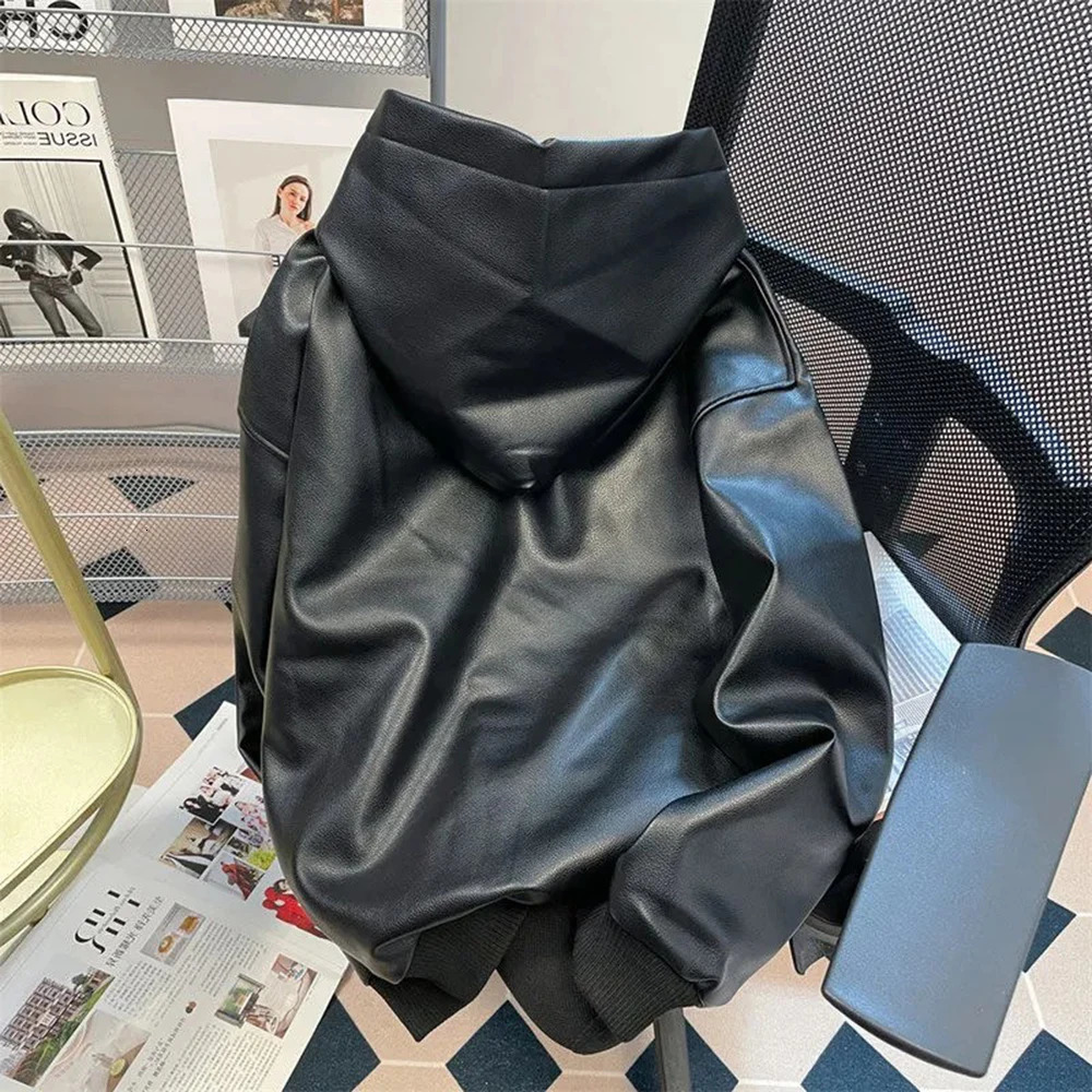 American High Street Pu Leather Motorcycle Clothing Sweatshirt MenS Fashion Trend Heavy Hiphop Hooded Jacket Unisex 250107