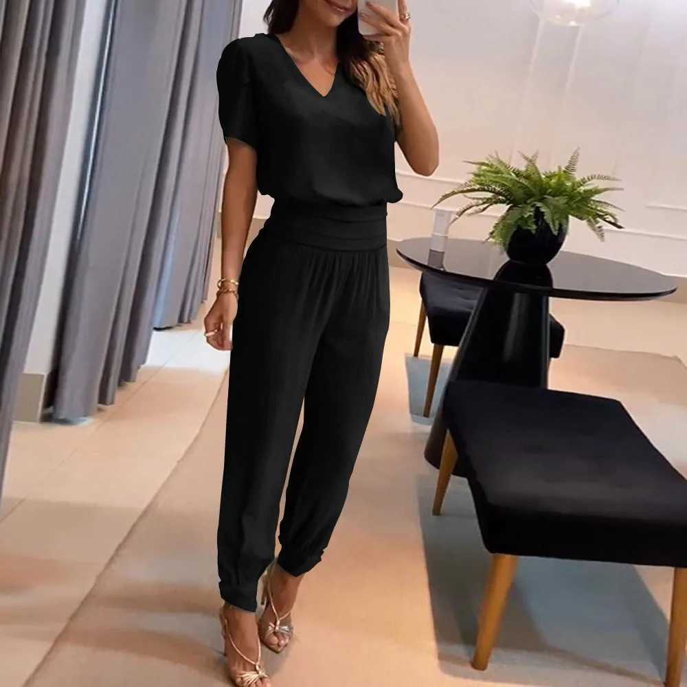 Fashion Short Sve Tshirt Pants Set Office Lady Casual Loose V Neck Floral Print Trousers Two Piece Set Women Outfit 2023XJ250106
