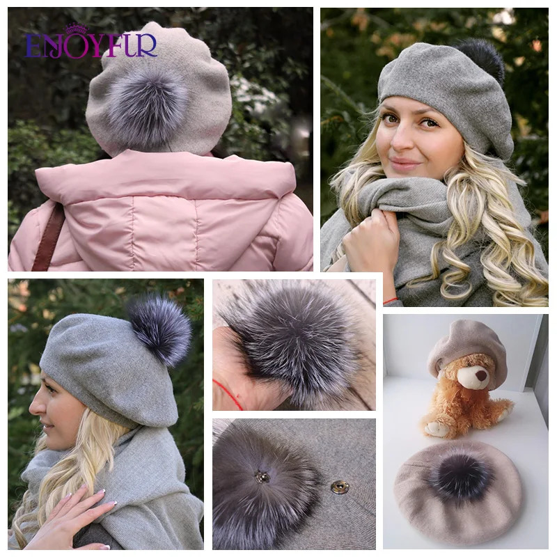 ENJOYFUR Women Winter Classic French Beret Cashmere Wool Knit Real Fur Pom Beret Hat For Lady Warm Fashion Fur pom Beret 250106