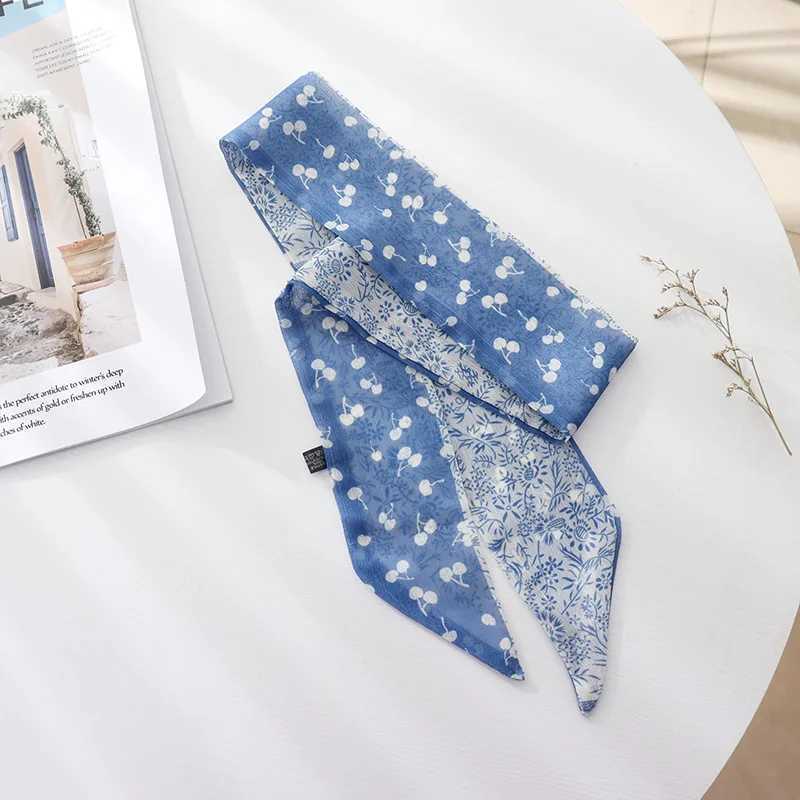 Summer French Retro Blue Tie Small Flower Long Thread Scarf Headband Braided Hair Chiffon Thin Ribbon Scarf W250107