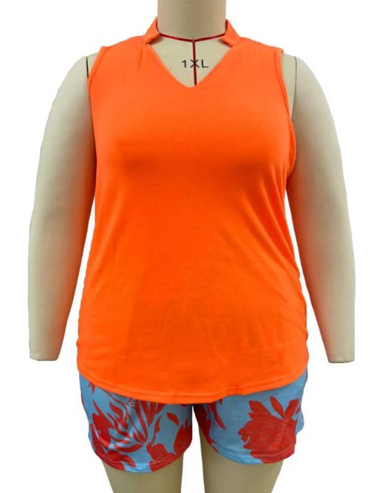 2024 Summer Casual Two Piece Set Ele Womens Notched Neck Sleeveless Tank Top and Factory Printed Pocket Design Shorts SetXJ250414