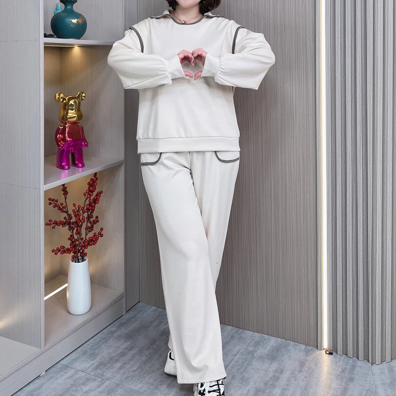 Long Sleeve Stretch Sweatshirt and Pants Set for Women Casual Clothing Block Color Lapel Plus Size 2 Pieces Suit 250106