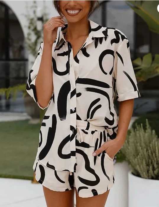 Leisure Beach Holiday Loose Short Shirt Set Bohemian Geometric Printed Womens Two Piece Set 2023 Summer Womens WearXJ250414