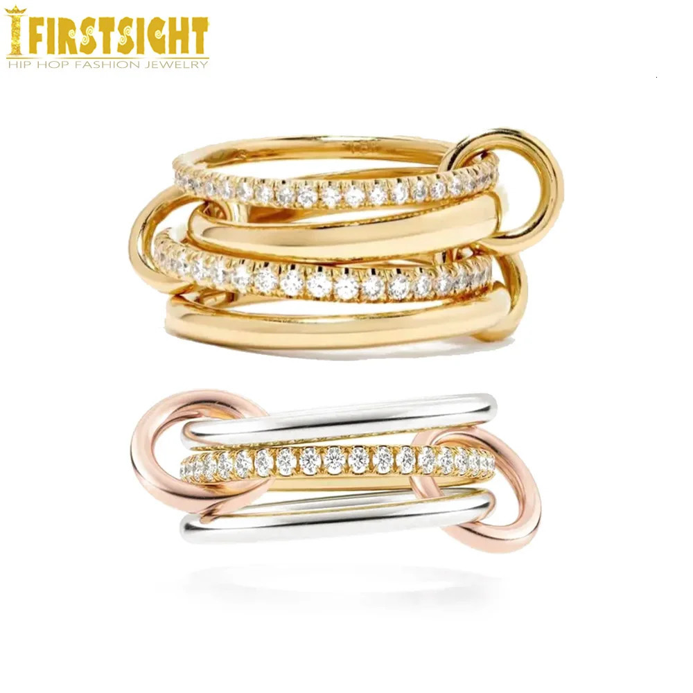 2025 Iced Out 4-piece Connecting Finger Ring Two Ton Golden Zircon Ring 250106