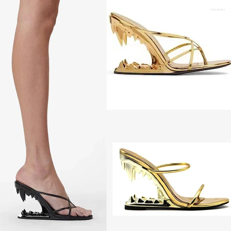 Sandals Concise Tiger Tooth Shaped Heel Women's High-heeled Slippers European American Fashion Shows Alien Slope 41