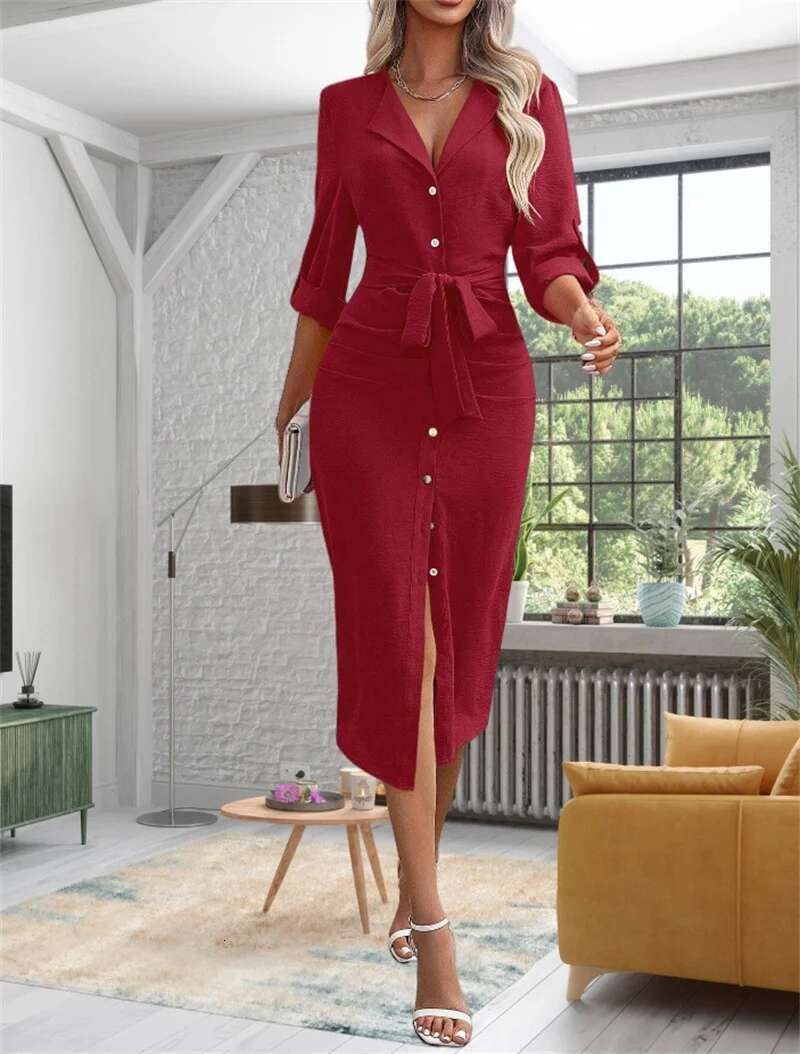 Casual Women's Shirt Solid Color Lapel Button Cinched Waist Strap Temperament Slit Autumn 2024 New Commuter Dress