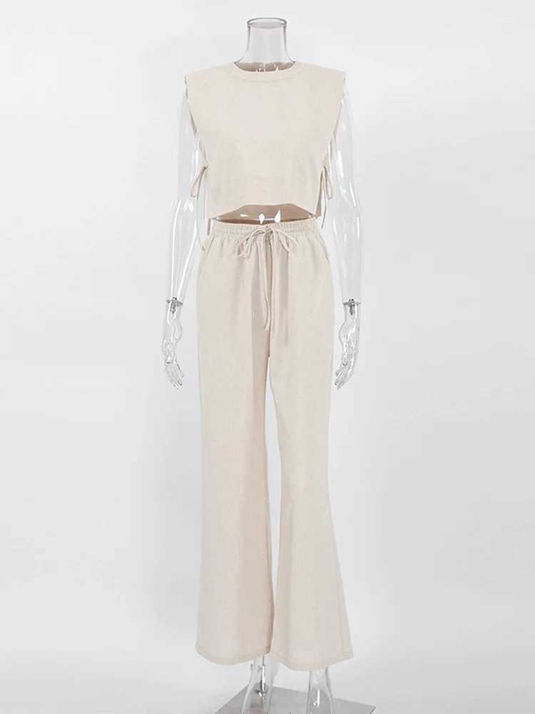 Spring Summer 2023 Women Holiday Linen Pant Set Crop Tops Solid Outfits 2 Two Piece Matching Set For WomenXJ250106