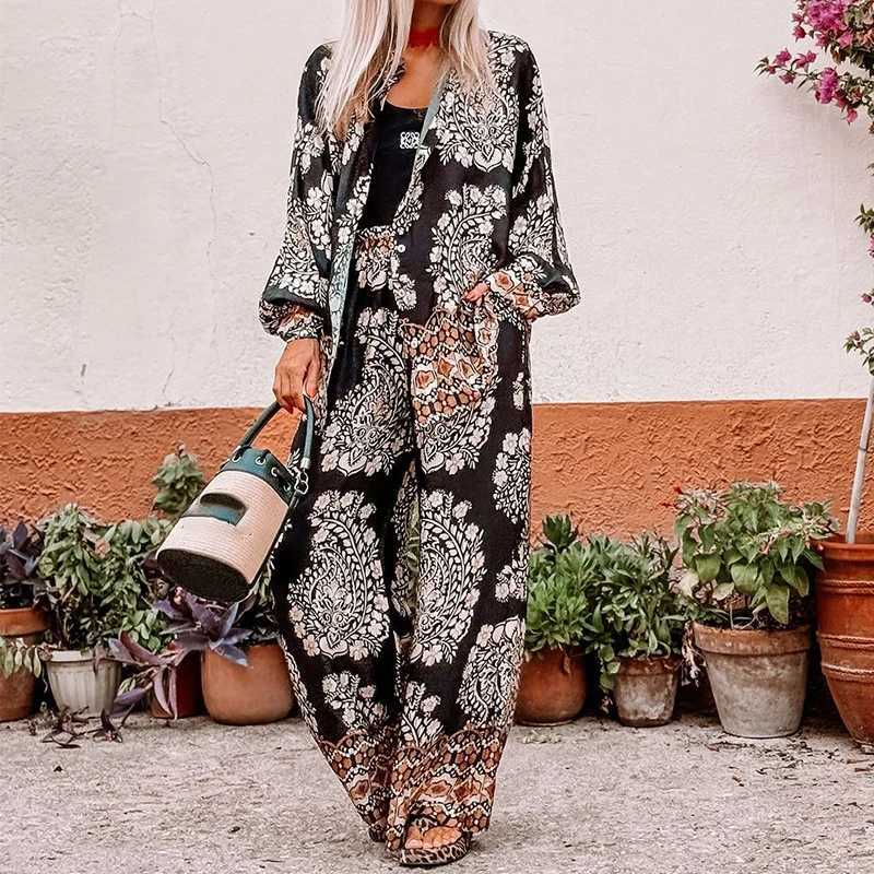 2025 New Long Sved Coat and Pants 2 Piece Set Casual Loose Bohemian Outfits Vintage Pattern Printed Straight Womens SuitsXJ250106