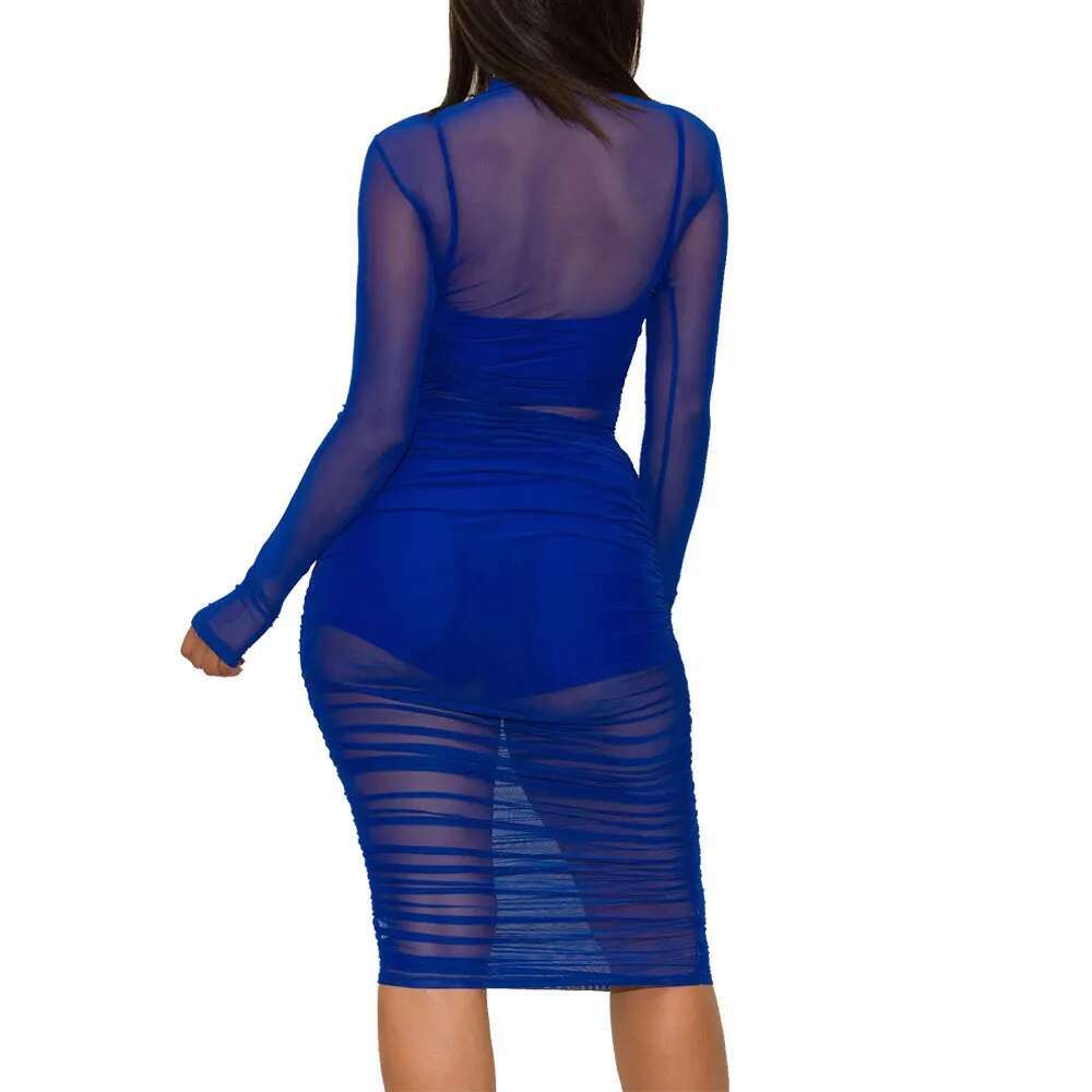 Sexy Mini Bodycon Dress Lace Mesh See Through Party Dresses Women Slim Clubwear Solid Long Sleeve Basic Female Outfits