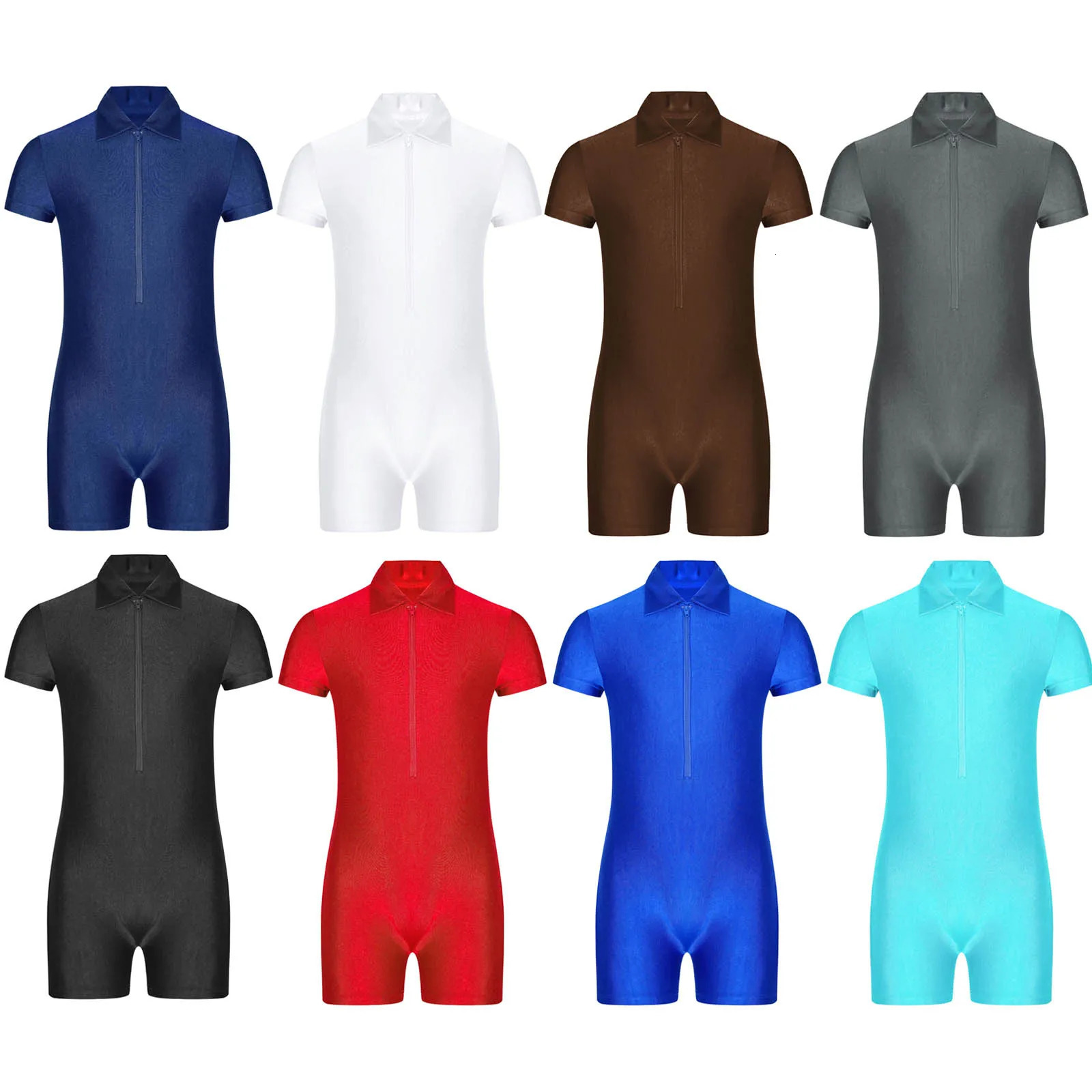 Kids Boys Gymnastics Leotard Zipper TurnDown Collar Short Sleeve Jumpsuit for Training Performance Competition 241230