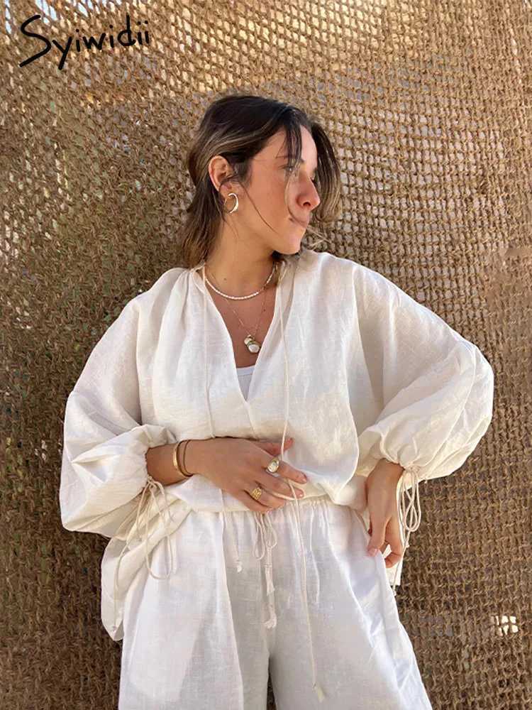 2 Piece Sets Womens Outfits Fashion Summer Cotton Linen Loose Ruffle Shorts Suits Long Sve Drstring Pullover Beach SuitsXJ250106