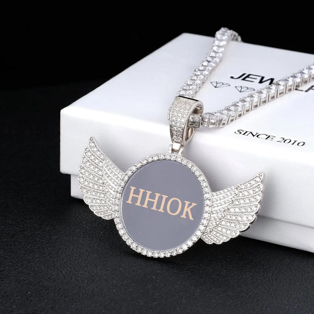Custom Angel Wing Round Memory Po Necklace Men Women Personalized Jewelry Customized Picture Pendant Charm with Tennis Chain 250107