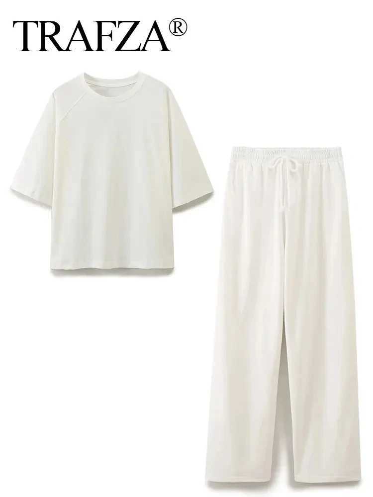 TRZA Women Casual Solid Sports Set Summer O Neck T-Shirt Loose Short Sve Tops Fe Drstring High Waist Jogging PantsXJ250106