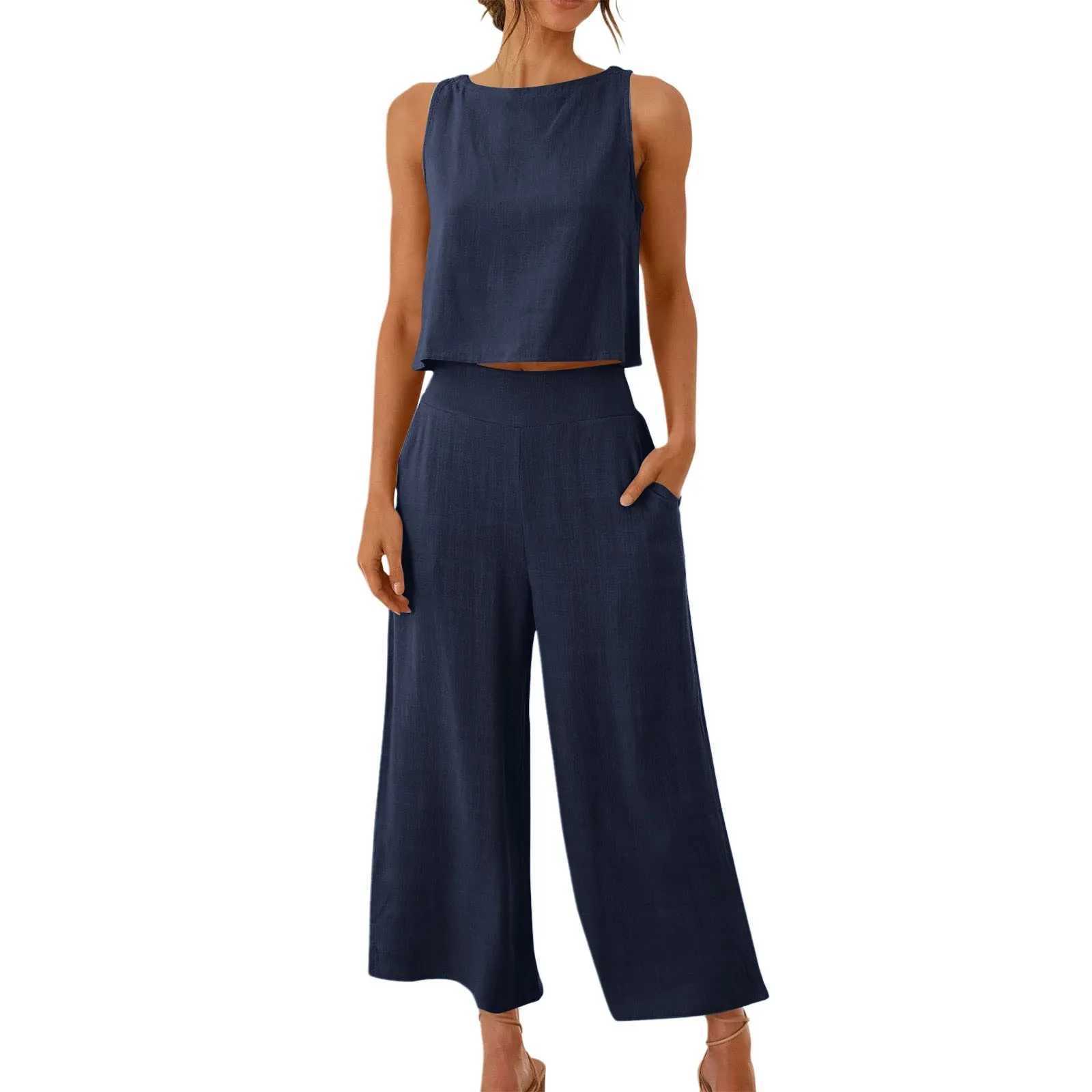 Summer Tops Cotton Linen and Wide Leg Pants Casual Sveless Two Piece Set Office Lady Two Piece Suit Womens ClothesXJ250106