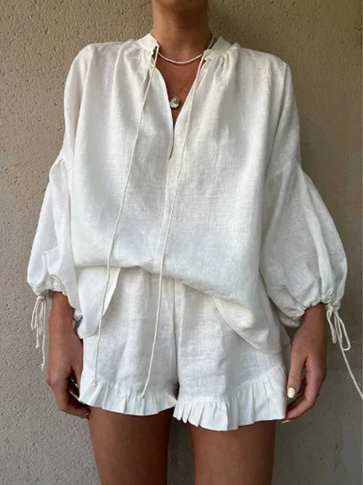 Fashion Loose Vacation Shorts Set Beach Women 2 Piece Ele Long Sve Blouse Solid Chic Korean High Waist Streetwear ClothesXJ250106