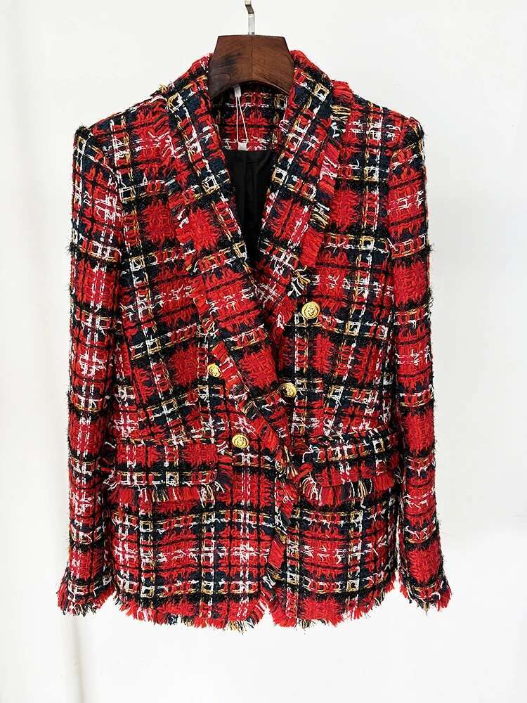 HIGH STREET Newest Fashion 2024 F/W Designer Women's Double Breasted Plaid Fringed Tweed Jacket