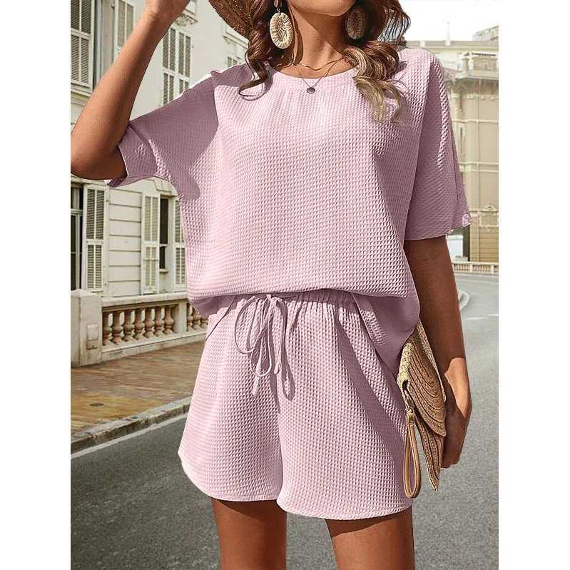 Summer Suit For Women New Short-sved Round Neck Stylish Bat Shirt Fashionable Drstring Shorts Sports Leisure Two-piece SetXJ250106