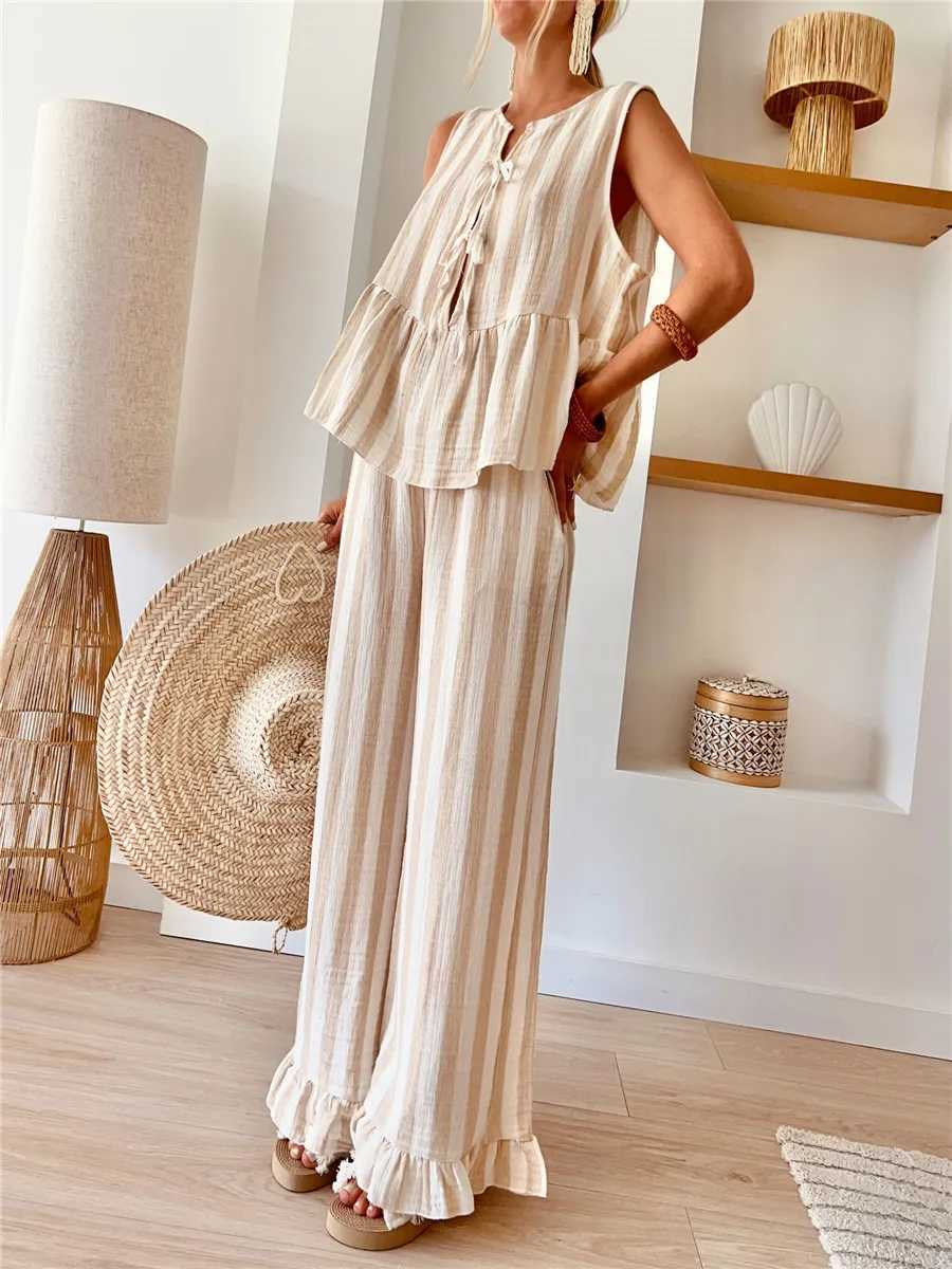 Striped Tie Waist Vest 2 Pieces Set Summer Casual Sveless Loose Tank Tops Elastic Waist Ruffles Hem Wide Leg Pants OutfitsXJ250106