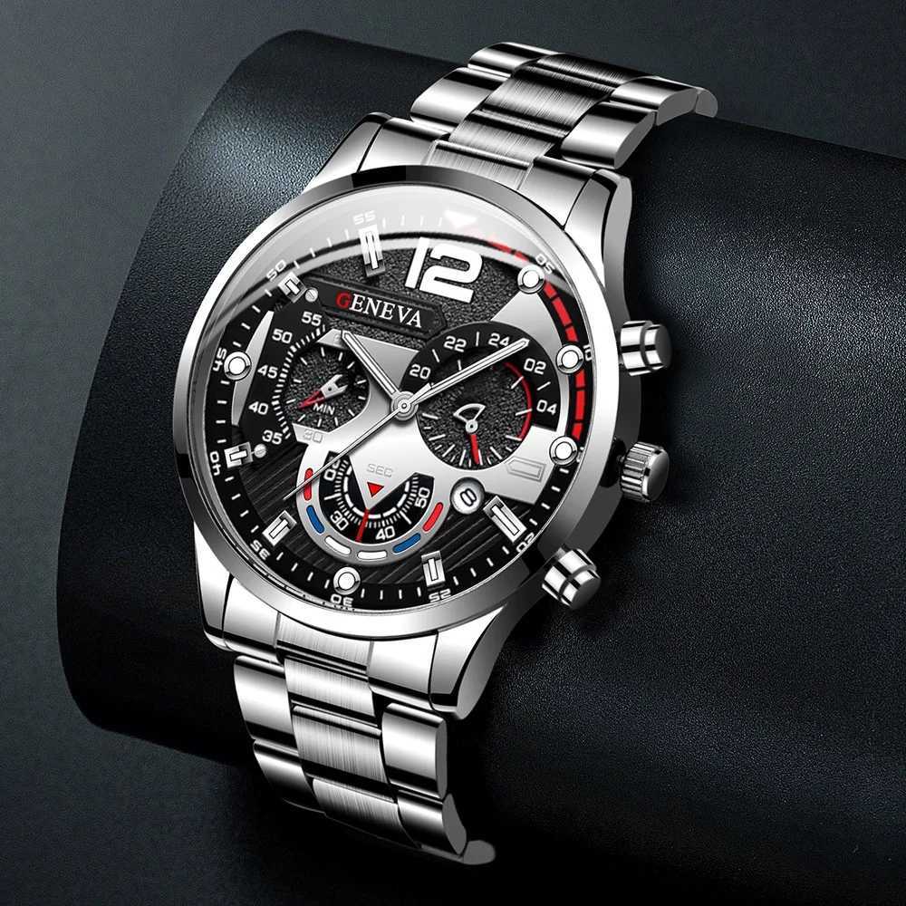 4pcs/set Fashion Mens Watch Set Business Calendar Quartz Watch with Bracelet Necklace Ring SetX250107