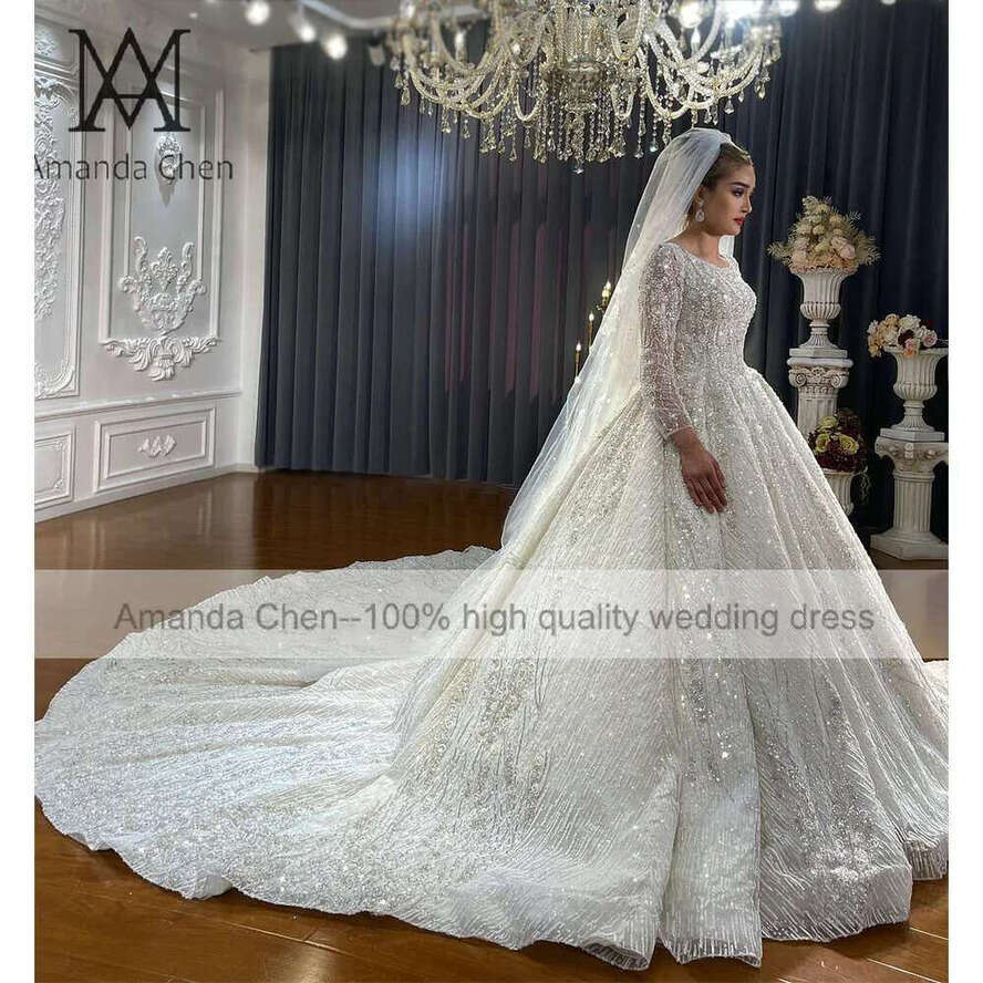 Long Sleeve Handmade Bead Muslim Wedding Dress