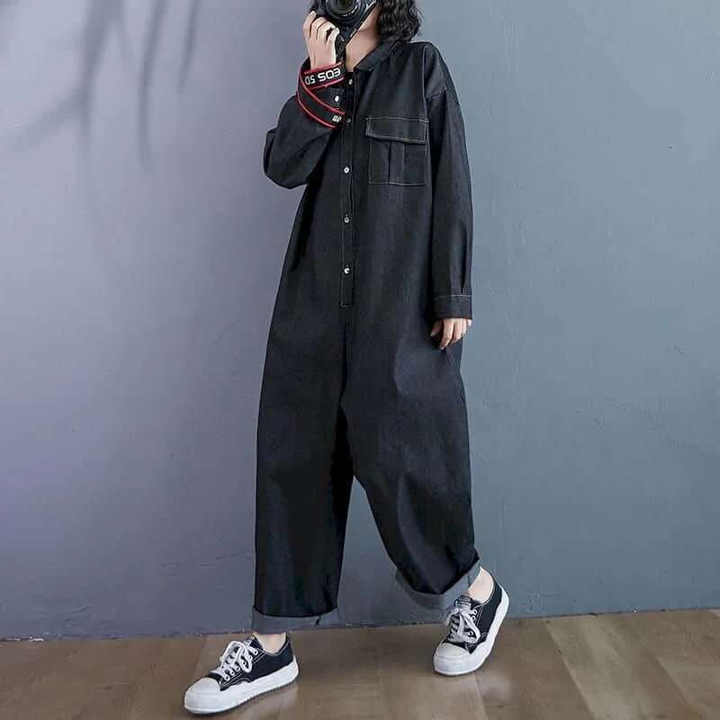 New Fashion Jumpsuit Suit Blue Denim Long Sleeve Playsuits High Waist Large Size Tops Casual One Piece Outfit Women