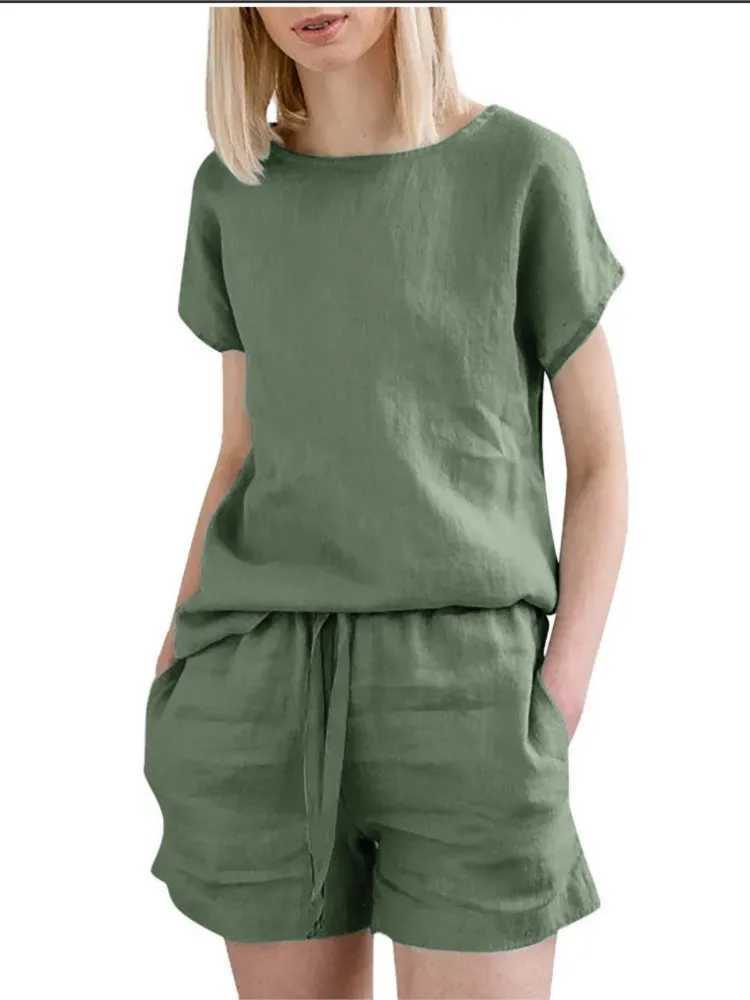 2024 Summer Fashion Women Two Piece Sets Short Blouse Lace-up Short Sets Fe Casual O-neck Tracksuit Tops Loose OutfitsXJ250106