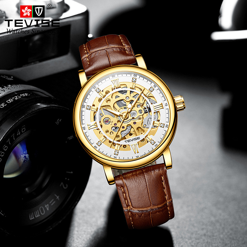 TEVISE Diamond Inlaid Trendy Simple Automatic Mechanical Watch Fashion Hollow out Wrist Watch T033 T8462B