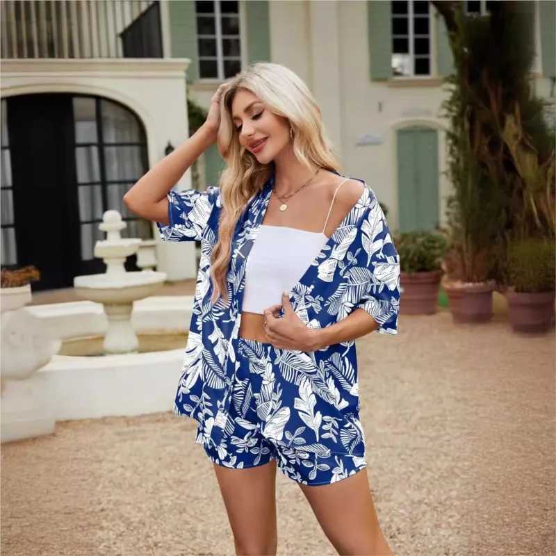 Fashion Vacation Set 2024 Womens New Floral Print Short Sved Cardigan Shirt Top Elastic Waist Shorts Two Piece Set OutfitsXJ250106
