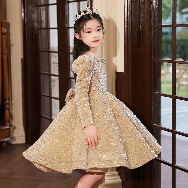 Girls Spring/Autumn and Winter Birthday Party Sequined Western Style Host Evening Dress Catwalk Piano Performance Princess 250107